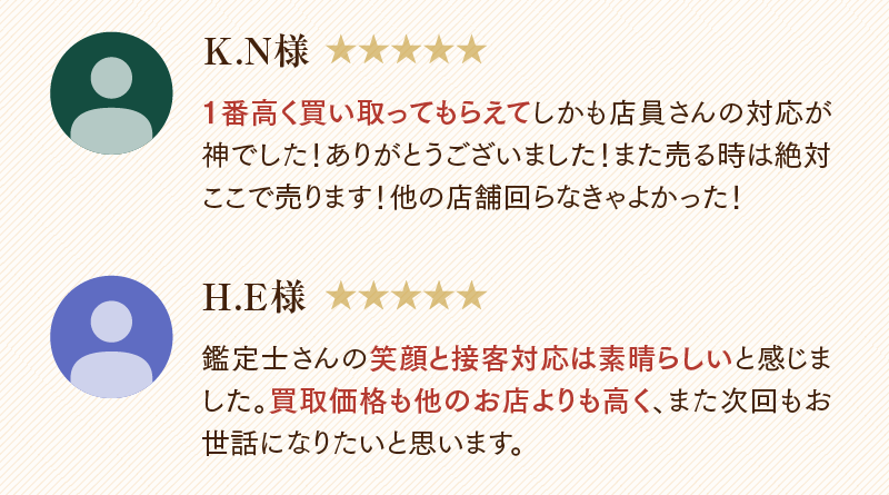 K.N様　1番高く買い取ってもらえてしかも店員さんの対応が神でした!ありがとうございました!また売る時は絶対ここで売ります!他の店舗回らなきゃよかった!
  H.E様　鑑定士さんの笑顔と接客対応は素晴らしいと感じました。買取価格も他のお店よりも高く、また次回もお世話になりたいと思います。
  